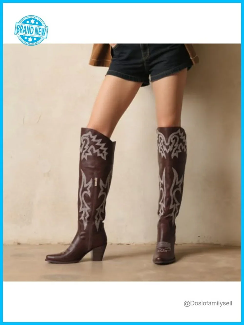 Over the Knee Boots Pointed Toe Chunky Heel Embroidered Western Boot PU